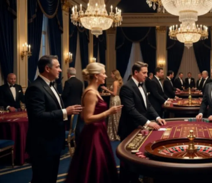Luksusowy event z eleganckim kasynem i gośćmi w wieczorowych kreacjach