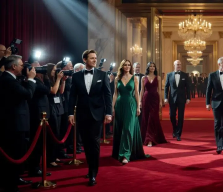 Hollywoodzka gala z czerwonym dywanem i reflektorami, gdzie goście pozują do zdjęć