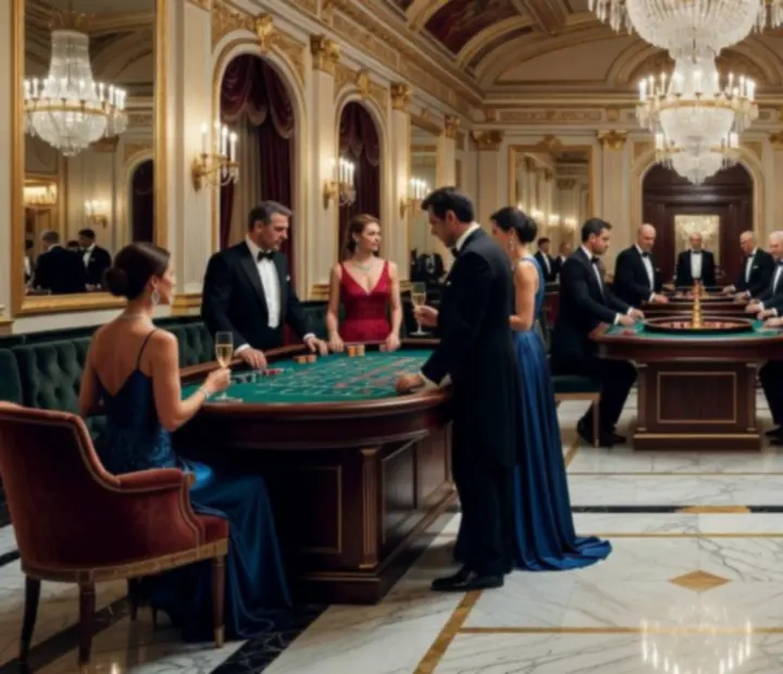 Event stylizowany na kasyno Monte Carlo z żyrandolami i złotymi dekoracjami