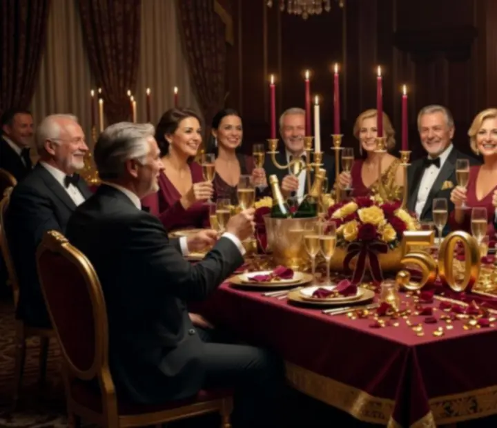Elegancka rocznicowa kolacja z nastrojowym oświetleniem i dekoracjami w złocie i burgundzie