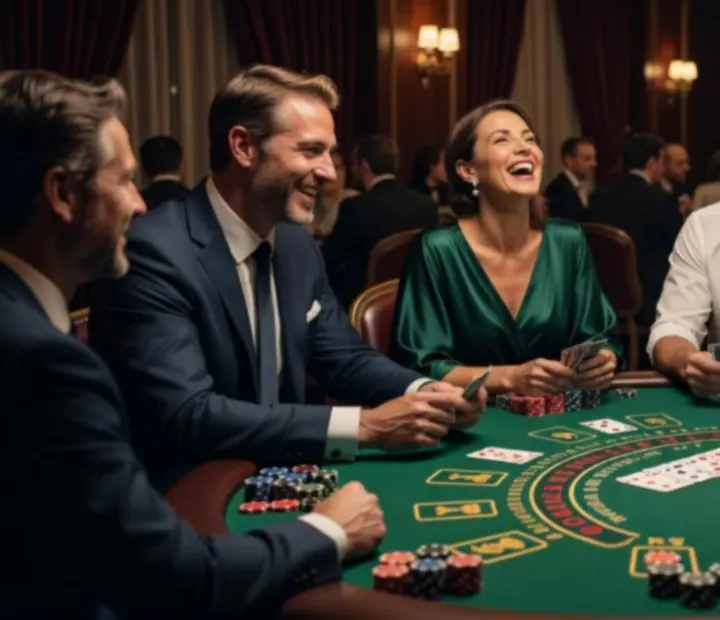Goście bawiący się przy luksusowych stołach do gry podczas wieczoru casino-night