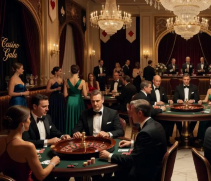 Elegancka gala casino-night z luksusową oprawą świetlną i stołami do gry